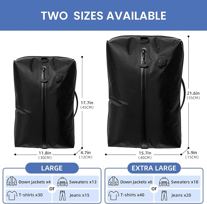 BAGAIL TPU Vacuum Bag for Travel, Reusable Compression Bag with IPX8 Waterproof Zipper, Save Space for Suitcase, Backpack and Carry on (Black, Large, N0 Pump)