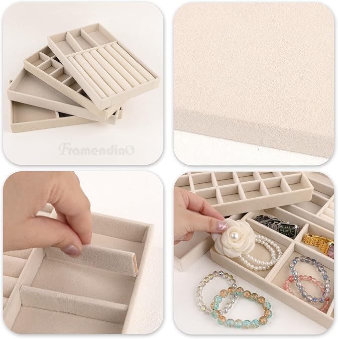 Framendino, 4 Pack Beige Velvet Jewelry Trays Stackable Organizer Drawer Inserts Container Display Case for Earrings Bracelets Necklace