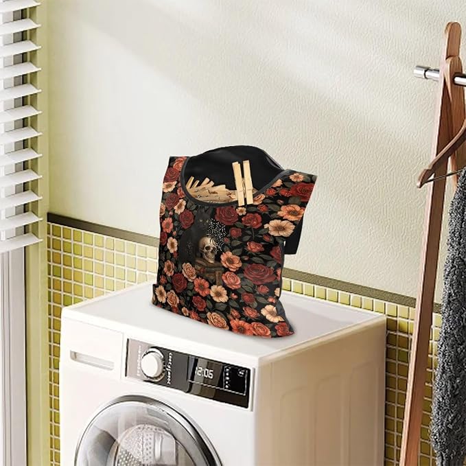 Vintage Rose Clothespin Organizer Bag Skull Clothespin Bags with Hanging Hook Waterproof Clothes Pin Storage Organizer with Large Opening Clothespins Bag for Clothesline Outdoor