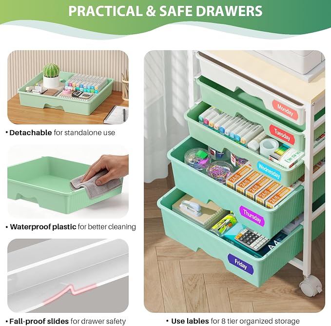 Goovilla Rolling Cart with Drawers, Utility Cart Organizer With 5 Removable Drawers and Wooden Tabletop, Lockable Rolling Storage Organizer for Art, Classroom, Home, Dorm, Office, Craft Storage, Green