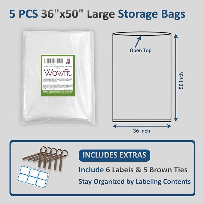 Wowfit 5 CT 36x50 inches Extra Large Clear Plastic Bags, Durable and Multipurpose, Transparent for Attic and Basement Storage (1.6 Mil Flat Bags)