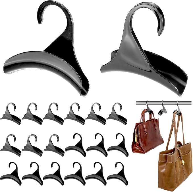 QWORK 20-Pack Black Acrylic Purse Hanger Hooks – Compact Closet Organizer for Handbags and Satchels – 4.33" x 4.33" with 1.58" Thickness – Crease-Free Design Suitable for Home Décor