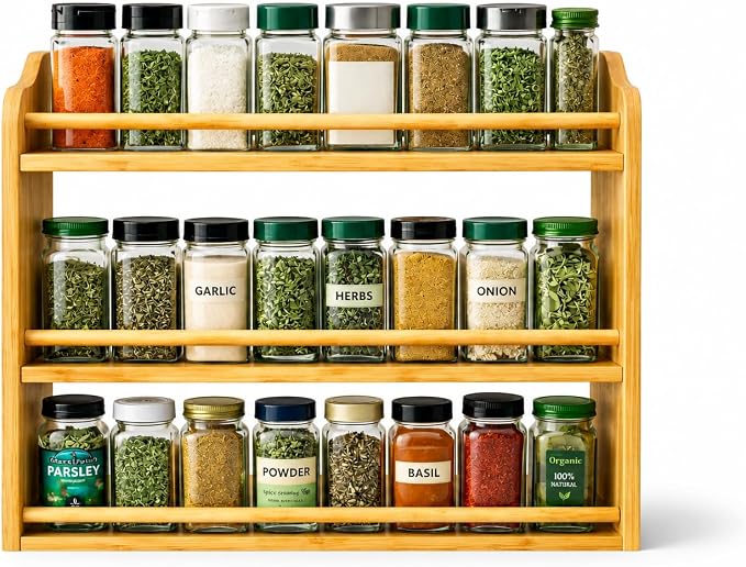 Bamboo Spice Rack Organizer – 3 Tier Bamboo Spice Rack Organizer – Countertop or Wall Mounted – Kitchen Spice Shelf Storage – Space Saving Organizer for Pantry & Cabinet