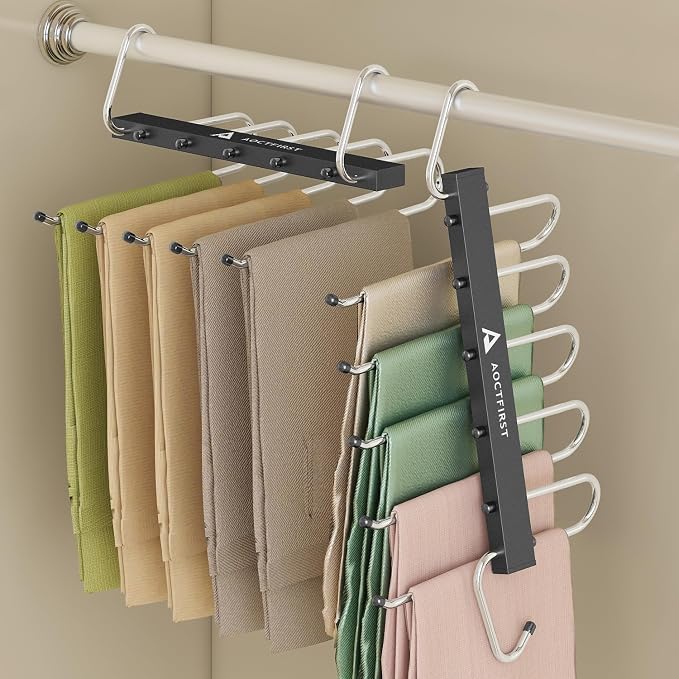 Pants Hangers Space Saving 2 Pack - 5 Tier Heavy Duty Closet Organizer for Jeans, Skirts, Shirts - Metal Hooks with Anti-Slip Design for Dorm, Apartment, Bedroom Storage
