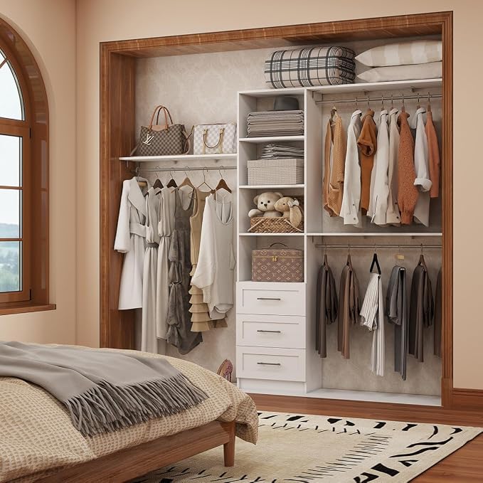 Dilando Closet Organizer System with Drawers, 5FT - 7.61FT Closet Shelving System Walk in Wood Corner Closet Storage System with 4 Shelves Custom Hanging Rods Heavy Duty Wall Mount, White