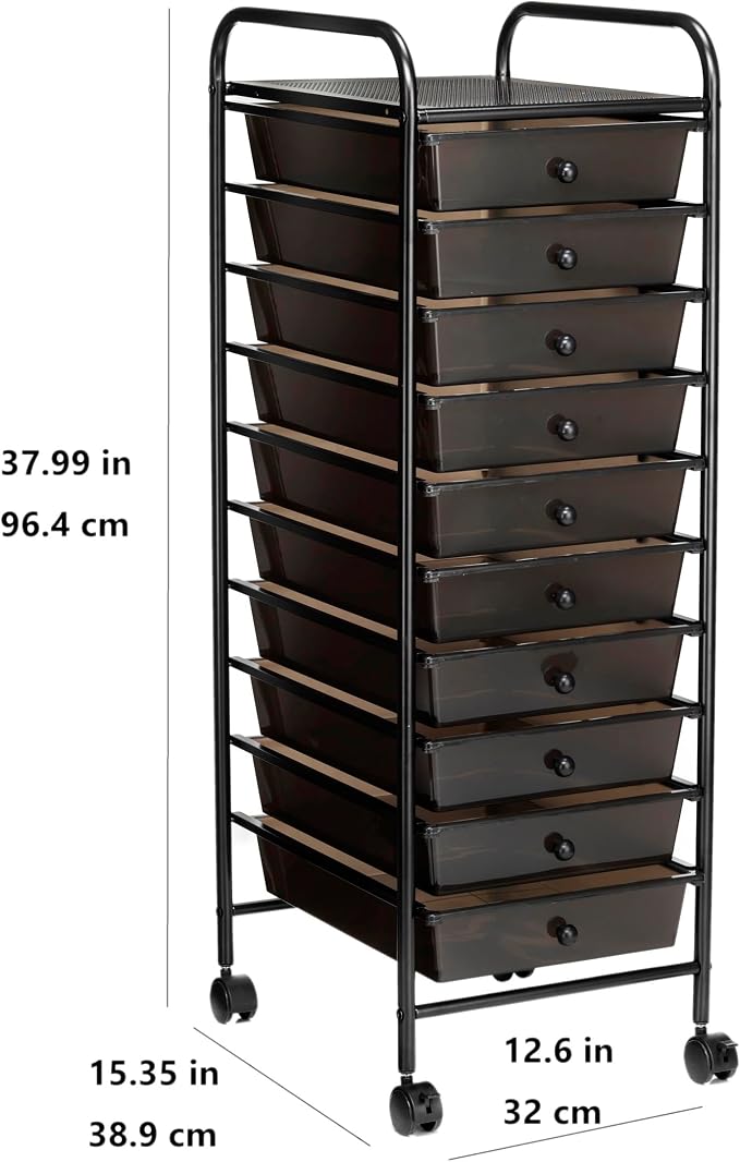 Simply Tidy 10 Drawer Matte Black Rolling Cart - Mobile Organizer with Removable Drawers, Swivel & Locking Casters, Durable Tubular Frame - 1 Set