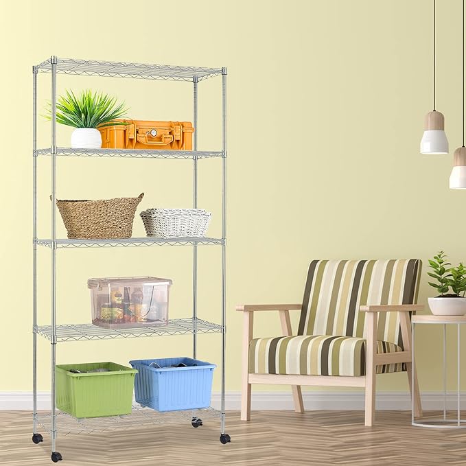 HCY 5-Tier Shelving Unit Storage Shelves with Wheels Heavy Duty Metal Storage Rack NSF Height Adjustable for Laundry Bathroom Kitchen Garage Pantry Organization -60"x30"x14"(Chrome)