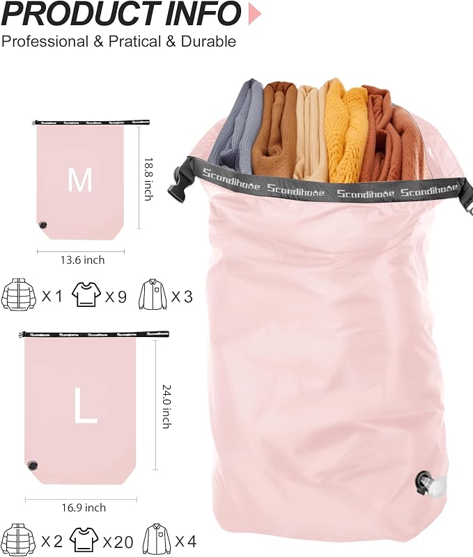 Travel Compression Laundry Bag, Pump-Free Vacuum Space Saver Bag for Dirty Clothes, Reusable Waterproof Wet Dry Bag, Travel Laundry Bag for Luggage, Packing, Suitcase (1 Pcs)（Pink, M)