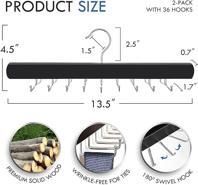2-Pack Tie Rack Hanger for Closet, 36 Hooks Belt Hanger, Black | Wooden Tie Organizer for Men, Space-Saving Tie Holder, Upgraded Simple Folding Hooks, Sleek Tie and Belt Hanger