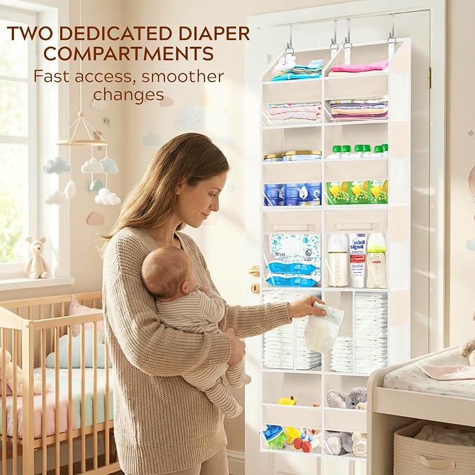 Over the Door Organizer 5 Tiers with Removable Drawers, Extra Large Door Storage of 6 Compartments & 2 Diaper Storage, Double-Column Clear Window Door Hanging Organizer for Nursery, Closet, Pantry