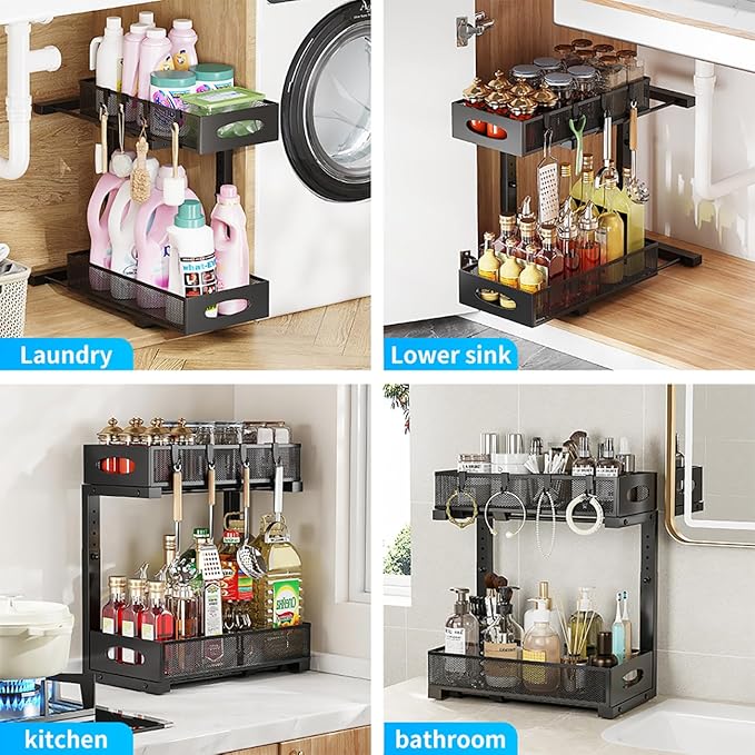 1 Pack Under Sink Organizer and Storage, 2 Tier Pull Out Sliding Cabinet Shelf, 5-Level Height Adjustable Thickened Carbon Steel Storage Rack for Kitchen Bathroom Cabinet, Black