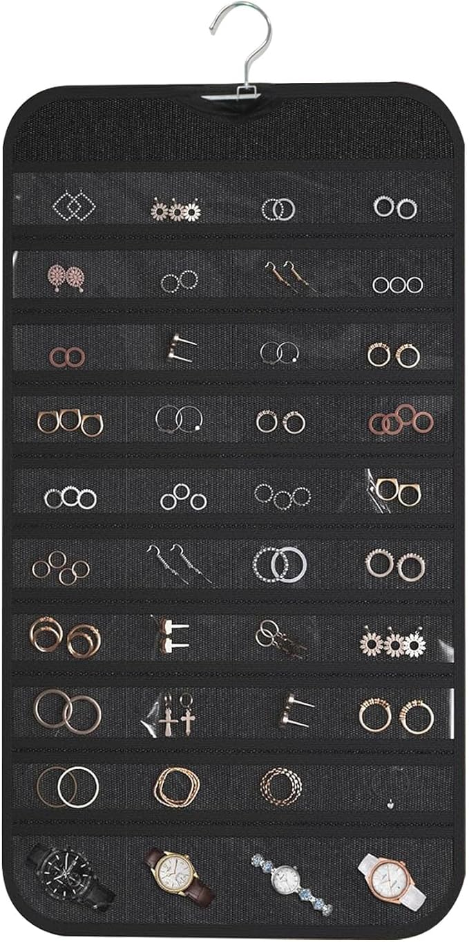 Hanging Jewelry Organizer, Black, 80 Pocket | Double-Sided, For Earrings Necklace Bracelet, Clear PVC Window, For Closet, Door, Wall, Travel