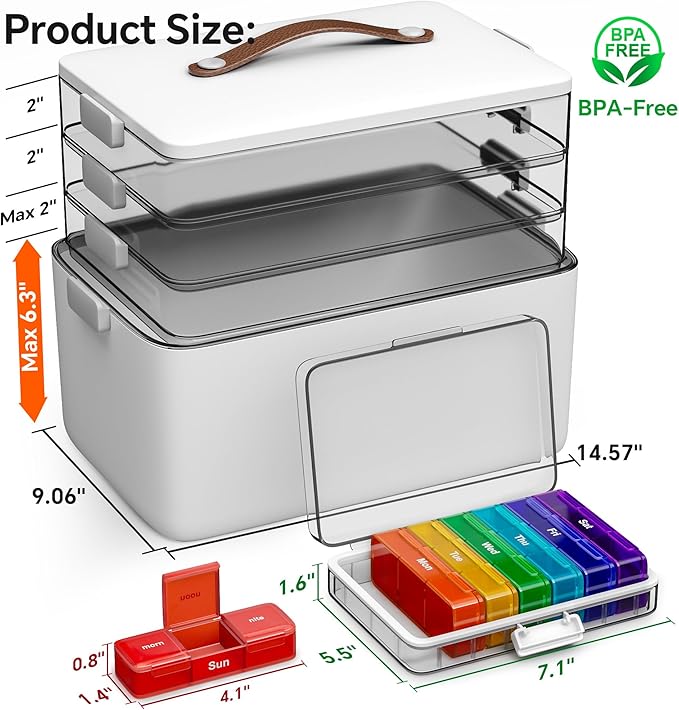 CTIME 4-Tier Extra-Large Medicine Organizer with Portable Pill Case Empty | Double Capacity for Family Needs; BPA-Free Safety; Clear Visible Lids; Neatly Categorized; Home & Travel Essentials; Gift