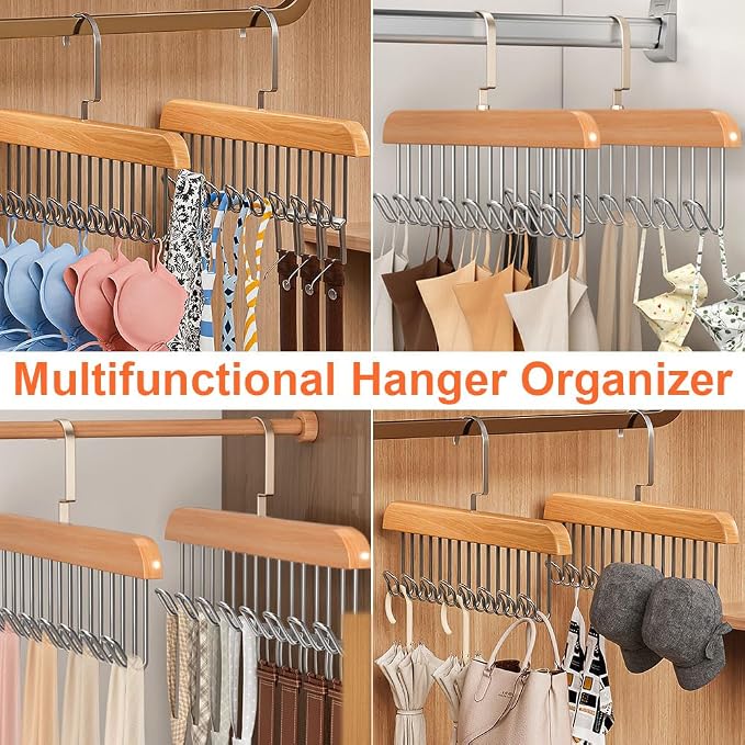 2 Pack Belt Hanger with 16 Hooks, Non-Slip Wooden Skid-Proof Belt Holder, Space-Saving Rotating Display Rack for Belts, Tops, Hats
