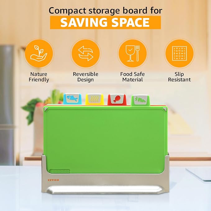 Cutting Board Set: 4-Piece Color-Coded, Non-Slip, BPA-Free, Perfect kitchen essentials for new home, Dishwasher Safe with Premium Scissors and Chopping Board Organizer, Quality kitchen stuff.