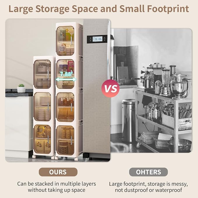 2 Tier Slim Bathroom Storage Cabinet, Foldable and Movable, Beige | Tools Free, ABS and PET, Magnetic Clear Door, Adjustable Shelves, Lockable Wheels, Water Resistant, For Narrow Space