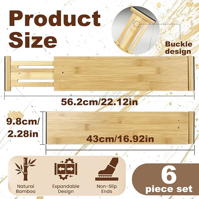 Joyeee Kitchen Drawer Dividers 6 Pack, 16.4-22.2" Adjustable Bamboo Drawer Organizer, 4" High Expandable Utensils Separators for Closet, Dresser, Bathroom, Bedroom, Office