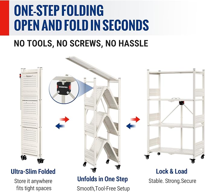 WORKPRO 4-Tier Folding Shelf, No-Assembly Metal Storage Rack with Wheels, 600 lbs Capacity (with Leveling Feet), Collapsible Shelving Unit for Kitchen, Pantry, Closet & Craft Shows - White