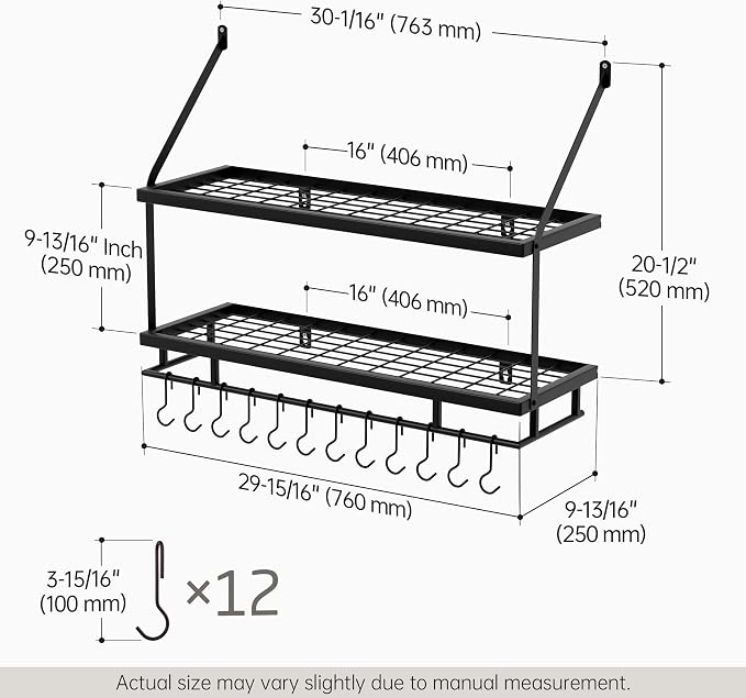KES 30-Inch Kitchen Pot Rack - Mounted Hanging Rack for Kitchen Storage and Organization - Matte Black 2-Tier Wall Shelf with Guard Rail for Pots and Pans Organizer with 12 Hooks - KUR215S75B-BK