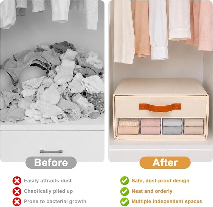 Minimalist Home DIY Underwear Drawer Organizer-Dustproof Sock Organizer with 6pcs Drawer Divider Adjustable Cream White Stackable Closet Storage Bins for Bra Socks Ties