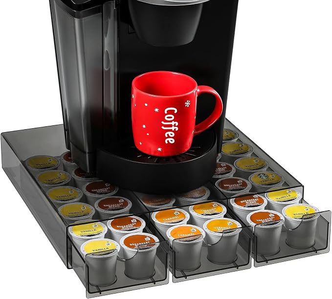 Sturdy Acrylic Coffee Pod Holder Organizer for K Cup, Under Brewer Sliding Drawer for K-cup, 36 Pods Storage for Kpods - Coffee Accessories for Keurig/Other Coffee Maker on Counter, Clear Black
