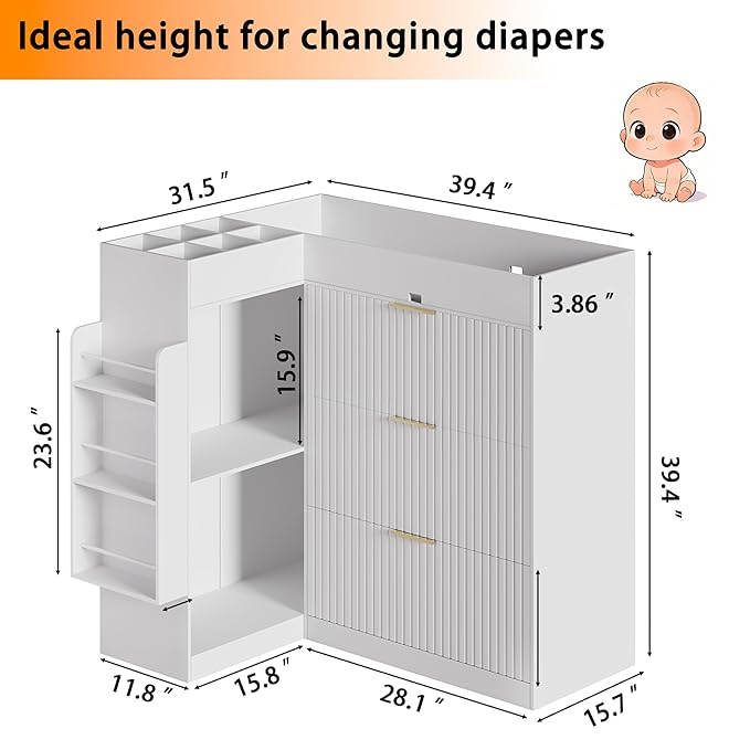 Wooden Nursery Changing Table Dresser,Diaper Changing Table with Storage,Corner Baby Dressing Table with 3 Drawers and 2 Shelves, Modern Storage Crib with Changing Station for Nurseries and Baby Rooms