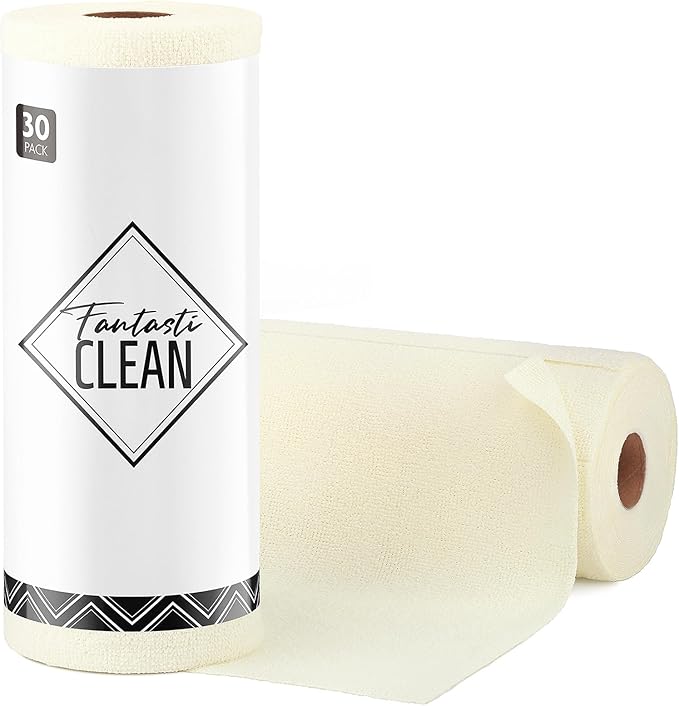 Fantasticlean Microfiber Cleaning Cloth Roll -30 Pack, Tear Away Microfiber Towels, 12" x 12", Reusable, Washable, Scratch Free, Ultra Absorbent Dishcloth for All-Around Cleaning Supplies (Beige)