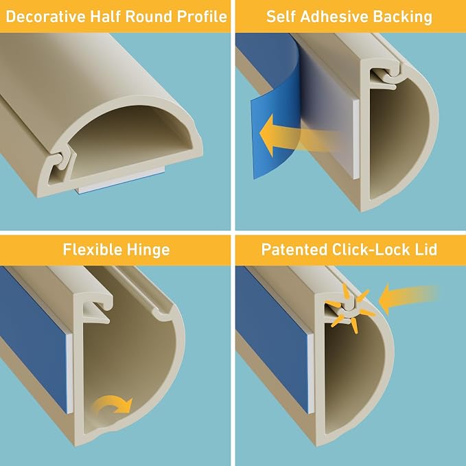 D-Line Half Round Cord Hider, Patented Cable Cover, Hide TV Wall Mount Wires, Raceway for Cords, Decorative Wire Covers, Paintable, Adhesive Cable Concealer, 2X 0.78in W x 0.39in H x 39in L, Beige