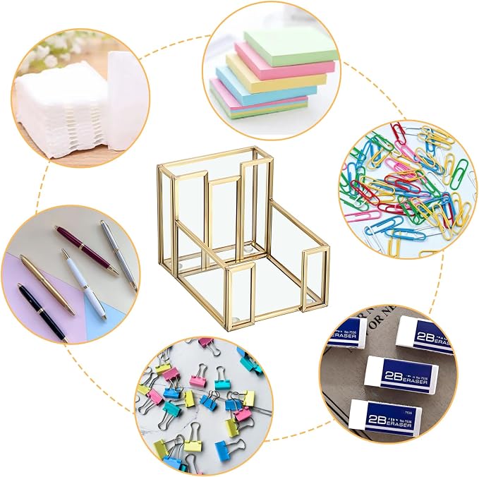 BTSKY Golden Glass 3x3 Inch Sticky Note Holder with Pen Slot, Elegant Post It Note Dispenser with Non-Slip Pads Clear Notepad Holder for Desk Organization Planning, Home Office Decor