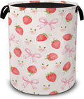 Strawberry Laundry Basket,Pink Bow Flower Foldable Oxford Laundry Hamper with Handles,Collapsible Clothes Storage Bucket Tote Bag for Laundry Room,Bathroom,Bedroom,Dorm