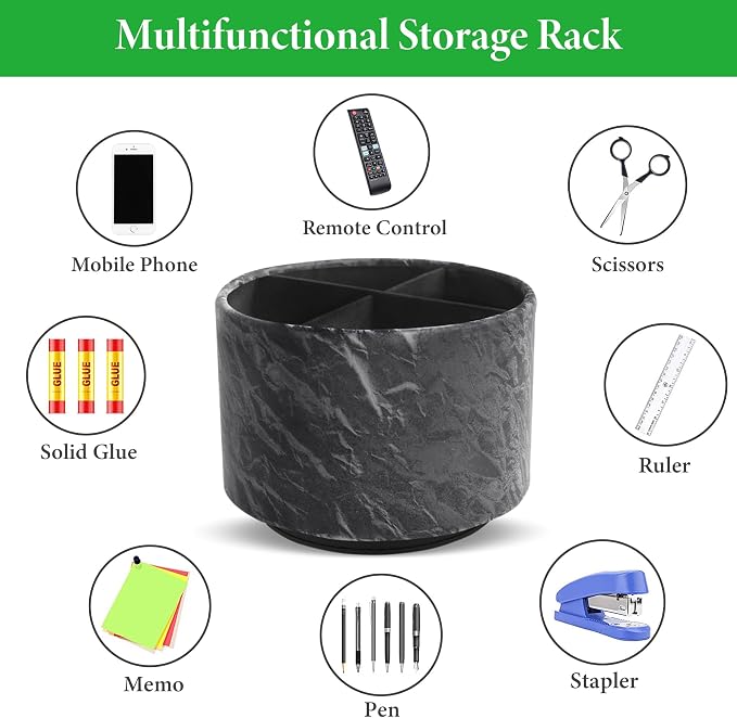 Round Leather Art Supply Organizer,Remote Control Holder,360 Degree Spinning,Multi-Functional Pencil Holder,4 Compartments Desktop Stationary Organizer(1-Hill Black)