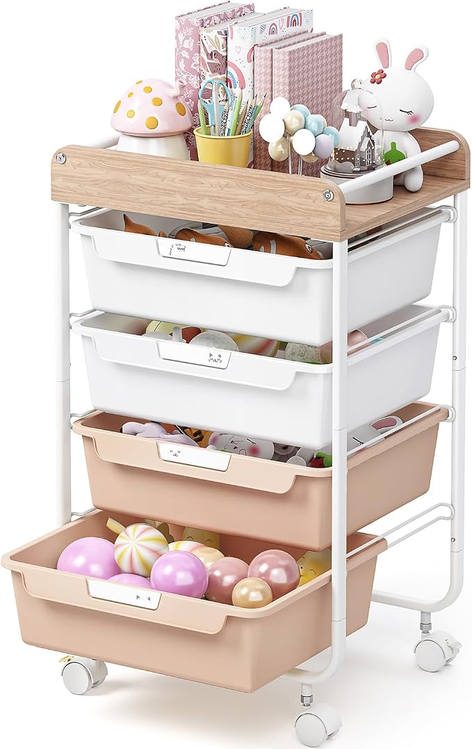 SYKIARIOL Rolling Storage Utility Cart with 4 Drawers,Kids Craft Art Cart,Makeup Organizer and Storage with Wooden Tabletop,Pearl