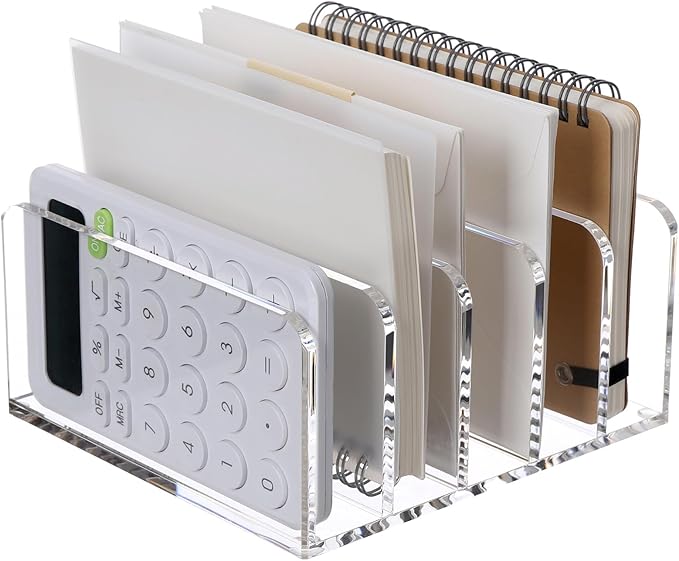 SANRUI Clear Desktop File Organizer, 5 Compartments Acrylic Office Document Sorter Mails Storage, Multifunction Letter Folder Racks Holders for Office,Home, School Desk Organization