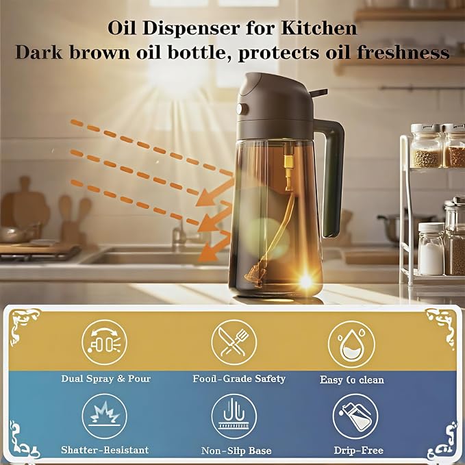 Oil Sprayer for Cooking 2 in 1, Olive Oil Dispenser for Kitchen Gadgets, 16oz/470ml Premium Light-Blocking Oil Bottle, Food-Grade Spray Bottle, for Salad, Air Fryer, BBQ