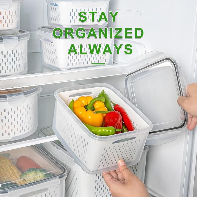 5 PCS Fruit Storage Containers for Fridge, Leakproof Produce Containers | For Fridge with Removable Colander, Microwave/Dishwasher Safe Fruit Washing Bowl Keep Fruits, Vegetables, Berry Fresh longer