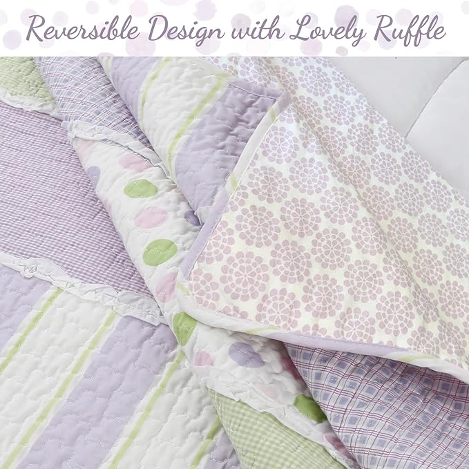 Cozy Line Lavender Green Stripe & Purple Dots Quilt Set – 3-Piece 100% Cotton Reversible All-Season Bedspread with Shams, Girls Kids Bedroom Décor, Queen