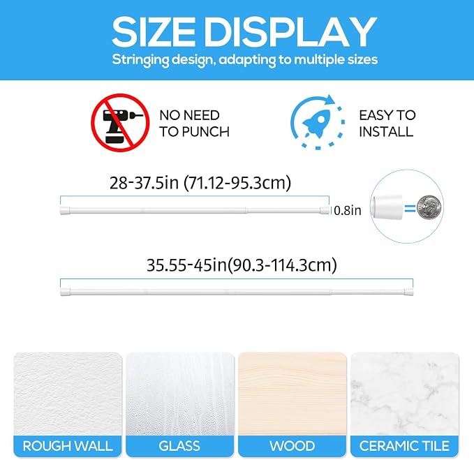 4 Pack Spring Tension Rods 28-45IN, 5/8 Inch Diameter White No Drill Spring Loaded Adjustable Extendable, Small Short Tension Curtain Rod for Windows Kitchen Doorway Closet Cupboard