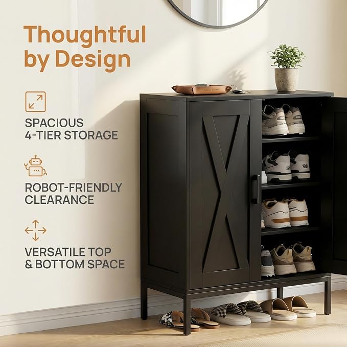 Homleke Farmhouse Shoe Cabinet with 2 Barn Doors & Metal Legs | Tall 4-Tier Shoe Storage Cabinet, 3 Adjustable Shelves, Shoe Rack Organizer, for Entryway, Hallway, Closet, Black