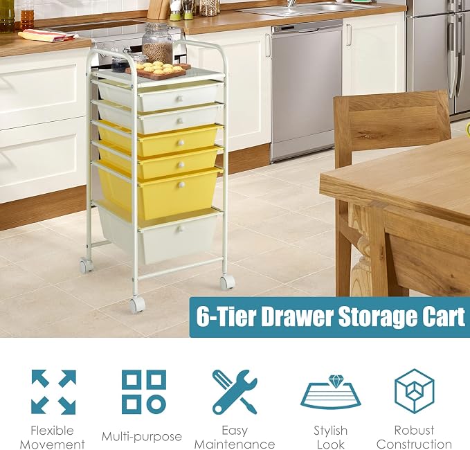 GOFLAME 6-Drawer Rolling Storage Cart, Multifunctional Art Craft Organizer Cart, Mobile Utility Storage Cart with Removable Drawers & Lockable Wheels, Craft Cart for Home Office, School, Yellow