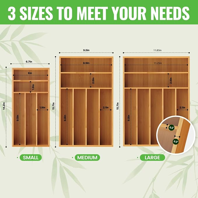 Bamboo Silverware Organizer, 12 Inch Bamboo Kitchen Drawer Cutlery Organizer, Utensil Holder, Flatware Organizer Tray (15.8"x11.9"x1.6")