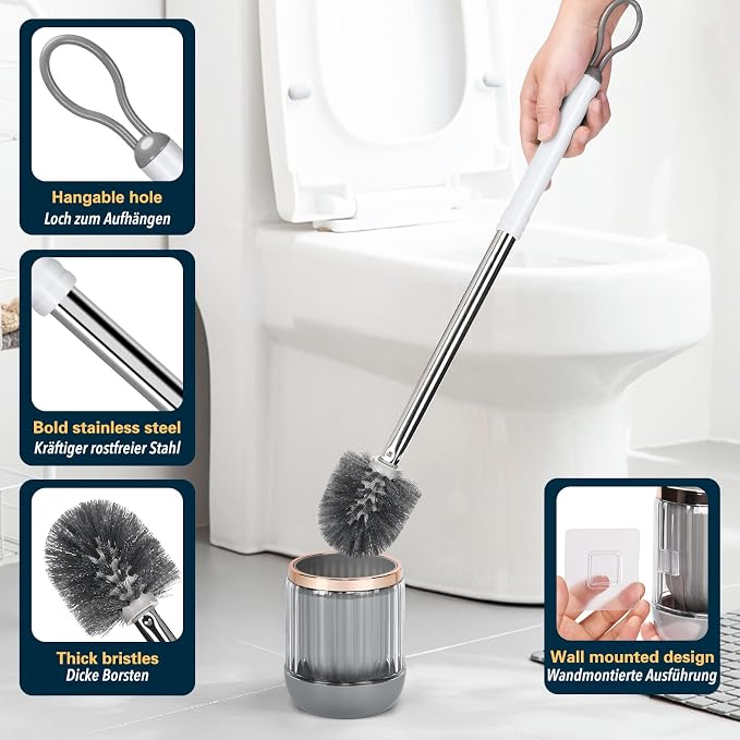 Toilet Bowl Brush and Holder 2 Pack Long Handle Toilet Brush for Bathroom with Separate Base for Floor and Wall Mounted Plastic Toilet Brush Set Under The Rim Household Cleaning (White)