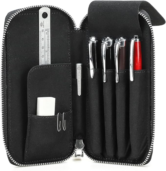 CONTACTS Full Grain Leather Pencil Case Handmade Vintage Zipper Pen Holder Pouch with Card Slot Pens Organizer Pockets Stationery Bag for Men and Women (Black)