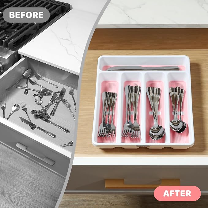 shopwithgreen Silverware Organizer with Cutlery Icons，Silverware Tray for Kitchen Drawer，Plastic Flatware Drawer Organizer Utensil Organizer with Non-slip TPR Linings，5-Compartment Silverware Caddy