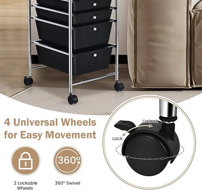DREAMADE Rolling Cart with Storage Drawers, Utility Cart with Removable Plastic Drawers, Lockable Wheels, Art Cart for Classroom Organization Art Supplies Office Scrapbook (6 Drawers, Black)