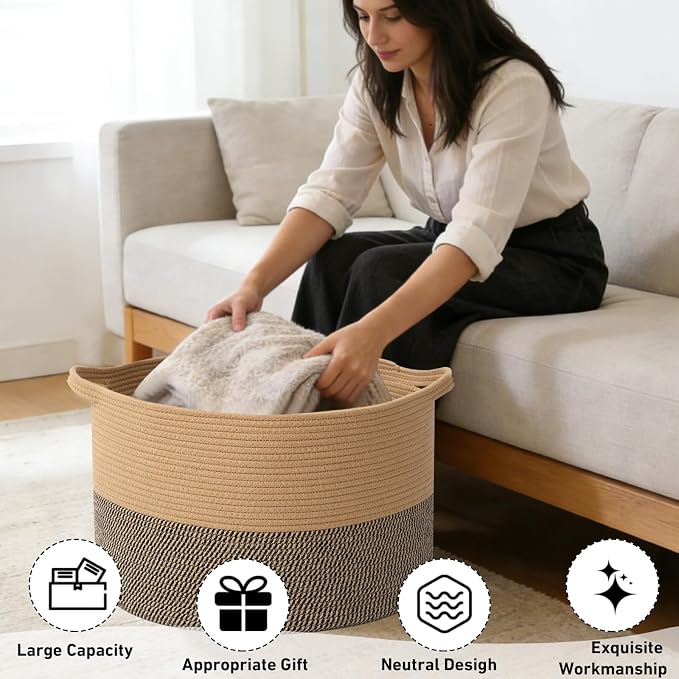 115L Extra Large Blanket Basket,Woven Rope Laundry Basket Hamper with Handles, Decorative Nursery Basket Storage Bin for Toys, Clothes Organizer, Living Room, Bedroom, Bathroom, Jute&Black