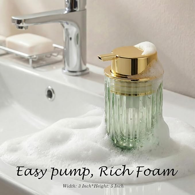 Amolliar Foaming Soap Dispenser, 8OZ Green Glass Soap Dispenser with Plastic Pump, Refillable Hand Soap Dispenser for Bathroom, Kitchen, Shower, Lotion, Dish Soap Dispenser, Home Decor, Gold 1 Pack