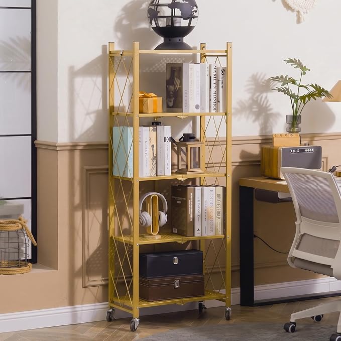 DEANIC 5-Shelf Folding Bookcase with Wheels, Rolling Bookshelf Heavy Duty Storage Shelves, Freestanding Metal Wire Shelving Unit for Living Room, Office, Kitchen, Basement, Pantry (Gold)