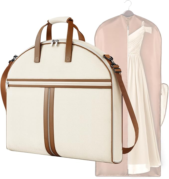 MISSLO Carry on Garment Bags for Travel for Women 56" Foldable Dress Bag with Large Pockets Bag Suit Luggage Garment Bag with Shoulder Strap for Business, Wedding, Hanging Clothes, Beige
