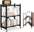 3 Tier Folding Shelf with Wheels, Wood and Metal Bookshelf, no Assembly Foldable Storage Shelves, Vintage Storage Rack for Living Room, Bedroom, and Home Office