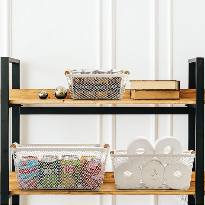 Noamus 3 Pack Metal Mesh Baskets with Wood Handle, Iron Storage Organizer Basket, Cream White Wire Countertop Baskets for Organizing, Cabinet Pantry Closet Bedroom Kitchen(3 Size)